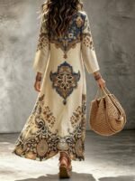 Elorivane Plus Size Washed Blue Heart Print Maxi Dress V-Neck Long Sleeve Vintage Western Boho Cowgirl Loose Dress for Fall Casual Wear - Image 6