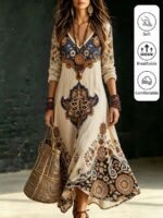 Elorivane Plus Size Washed Blue Heart Print Maxi Dress V-Neck Long Sleeve Vintage Western Boho Cowgirl Loose Dress for Fall Casual Wear - Image 5