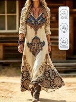 Elorivane Plus Size Washed Blue Heart Print Maxi Dress V-Neck Long Sleeve Vintage Western Boho Cowgirl Loose Dress for Fall Casual Wear - Image 7