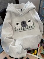 Elorivane Plus Size Sheep & Letter Slogan Graphic Thermal Drawstring Pullover Sweatshirt for Fall Winter Casual Wear - Image 7