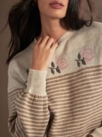 Elorivane Women Striped Floral Intarsia Sweater, Long Sleeve Pullover Western Cowgirl Fall Winter Rodeo Top - Image 2