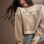 Elorivane Women Striped Floral Intarsia Sweater, Long Sleeve Pullover Western Cowgirl Fall Winter Rodeo Top