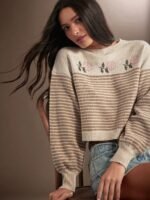 Elorivane Women Striped Floral Intarsia Sweater, Long Sleeve Pullover Western Cowgirl Fall Winter Rodeo Top