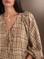 Elorivane Women Brown Plaid Lace Up Top, Long Puff Sleeve Western Cowgirl Fall Winter Rodeo Country Top - Image 2