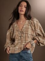Elorivane Women Brown Plaid Lace Up Top, Long Puff Sleeve Western Cowgirl Fall Winter Rodeo Country Top - Image 4