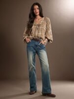 Elorivane Women Brown Plaid Lace Up Top, Long Puff Sleeve Western Cowgirl Fall Winter Rodeo Country Top - Image 5