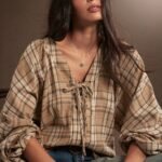 Elorivane Women Brown Plaid Lace Up Top, Long Puff Sleeve Western Cowgirl Fall Winter Rodeo Country Top