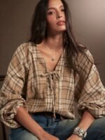 Elorivane Women Brown Plaid Lace Up Top, Long Puff Sleeve Western Cowgirl Fall Winter Rodeo Country Top