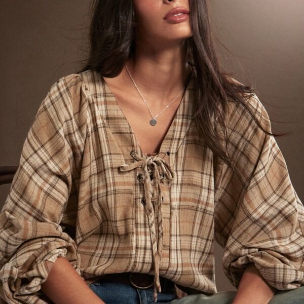 Elorivane Women Brown Plaid Lace Up Top, Long Puff Sleeve Western Cowgirl Fall Winter Rodeo Country Top