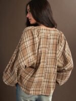 Elorivane Women Brown Plaid Lace Up Top, Long Puff Sleeve Western Cowgirl Fall Winter Rodeo Country Top - Image 3