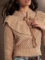 Elorivane Women Tie Neck Knit Sweater, Contrast Edge Long Sleeve Relaxed Country Concert Fall Top - Image 2