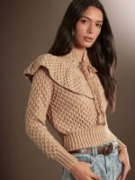 Elorivane Women Tie Neck Knit Sweater, Contrast Edge Long Sleeve Relaxed Country Concert Fall Top - Image 4