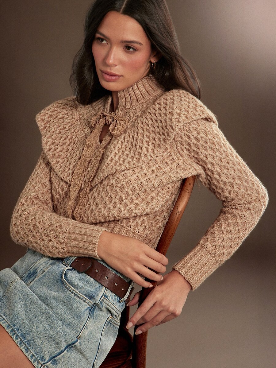 1788197321e29dae4ea8dd8c89b793b441fb880e3b_thumbnail_900x Elorivane Women Tie Neck Knit Sweater, Contrast Edge Long Sleeve Relaxed Country Concert Fall Top - Image 1