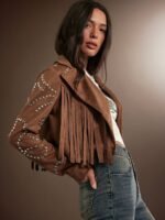 Elorivane Women Faux Suede Fringe Jacket, Open Front Long Sleeve Studded Western Cowgirl Fall Winter Festival Coat - Image 3