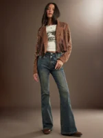 Elorivane Women Faux Suede Fringe Jacket, Open Front Long Sleeve Studded Western Cowgirl Fall Winter Festival Coat - Image 5