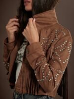 Elorivane Women Faux Suede Fringe Jacket, Open Front Long Sleeve Studded Western Cowgirl Fall Winter Festival Coat - Image 6