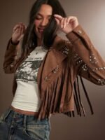 Elorivane Women Faux Suede Fringe Jacket, Open Front Long Sleeve Studded Western Cowgirl Fall Winter Festival Coat - Image 4