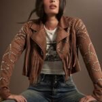 Elorivane Women Faux Suede Fringe Jacket, Open Front Long Sleeve Studded Western Cowgirl Fall Winter Festival Coat