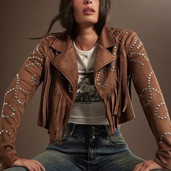 Elorivane Women Faux Suede Fringe Jacket, Open Front Long Sleeve Studded Western Cowgirl Fall Winter Festival Coat