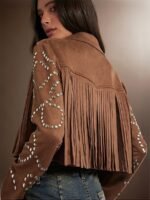 Elorivane Women Faux Suede Fringe Jacket, Open Front Long Sleeve Studded Western Cowgirl Fall Winter Festival Coat - Image 2