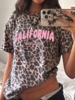 Elorivane Women's California City Leopard Print Tee, Y2K Minimalist Casual