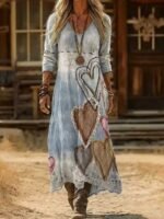 Elorivane Plus Size Washed Blue Heart Print Maxi Dress V-Neck Long Sleeve Vintage Western Boho Cowgirl Loose Dress for Fall Casual Wear - Image 8