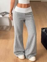 Elorivane Women French Grey Rib Knit Flare Pants, White Turn-Down Y2K Vintage Streetwear Trousers - Image 11