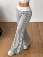 Elorivane Women French Grey Rib Knit Flare Pants, White Turn-Down Y2K Vintage Streetwear Trousers - Image 10