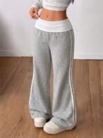 Elorivane Women French Grey Rib Knit Flare Pants, White Turn-Down Y2K Vintage Streetwear Trousers - Image 9