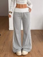 Elorivane Women French Grey Rib Knit Flare Pants, White Turn-Down Y2K Vintage Streetwear Trousers - Image 7