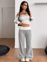 Elorivane Women French Grey Rib Knit Flare Pants, White Turn-Down Y2K Vintage Streetwear Trousers - Image 8