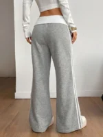 Elorivane Women French Grey Rib Knit Flare Pants, White Turn-Down Y2K Vintage Streetwear Trousers - Image 12