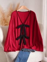 Elorivane Plus Size Front Knot Shirt, Drop Shoulder Long Sleeve Loose Casual Fall Top - Image 19