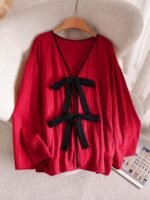 Elorivane Plus Size Front Knot Shirt, Drop Shoulder Long Sleeve Loose Casual Fall Top - Image 23