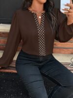 Elorivane Plus Size Leopard Print Contrast Collar V-Neck Shirt Loose Long Puff Sleeve for Winter Casual Commute Formal Evening Wear - Image 18