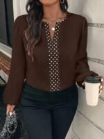 Elorivane Plus Size Leopard Print Contrast Collar V-Neck Shirt Loose Long Puff Sleeve for Winter Casual Commute Formal Evening Wear - Image 13