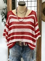 Elorivane Plus Size Contrast Striped Round Neck Knit Top Cutout Crochet Details Loose Fit for Spring Summer Casual Wear - Image 29
