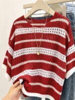 Elorivane Plus Size Contrast Striped Round Neck Knit Top Cutout Crochet Details Loose Fit for Spring Summer Casual Wear - Image 28