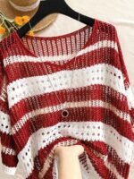 Elorivane Plus Size Contrast Striped Round Neck Knit Top Cutout Crochet Details Loose Fit for Spring Summer Casual Wear - Image 26