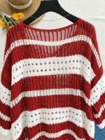 Elorivane Plus Size Contrast Striped Round Neck Knit Top Cutout Crochet Details Loose Fit for Spring Summer Casual Wear - Image 27