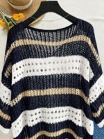 Elorivane Plus Size Contrast Striped Round Neck Knit Top Cutout Crochet Details Loose Fit for Spring Summer Casual Wear - Image 34