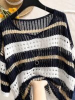 Elorivane Plus Size Contrast Striped Round Neck Knit Top Cutout Crochet Details Loose Fit for Spring Summer Casual Wear - Image 33