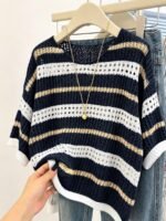 Elorivane Plus Size Contrast Striped Round Neck Knit Top Cutout Crochet Details Loose Fit for Spring Summer Casual Wear - Image 36