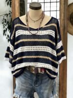 Elorivane Plus Size Contrast Striped Round Neck Knit Top Cutout Crochet Details Loose Fit for Spring Summer Casual Wear - Image 35