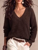 Elorivane Plus Size Solid Color Drop Shoulder Loose Knit Sweater for Autumn Winter - Image 21