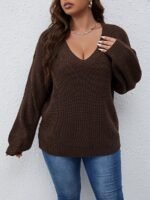 Elorivane Plus Size Solid Color Drop Shoulder Loose Knit Sweater for Autumn Winter - Image 23
