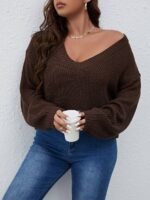 Elorivane Plus Size Solid Color Drop Shoulder Loose Knit Sweater for Autumn Winter - Image 26