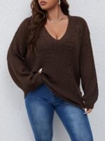 Elorivane Plus Size Solid Color Drop Shoulder Loose Knit Sweater for Autumn Winter - Image 27