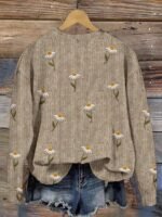 Elorivane Plus Size Beige Vintage Embroidered Crew Neck Loose Pullover - Image 2