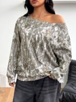 Elorivane Women Plus Size Grey Wash Sweatshirt, Asymmetrical Shoulder Grommet Long Sleeve Y2K Fall Winter Top - Image 13